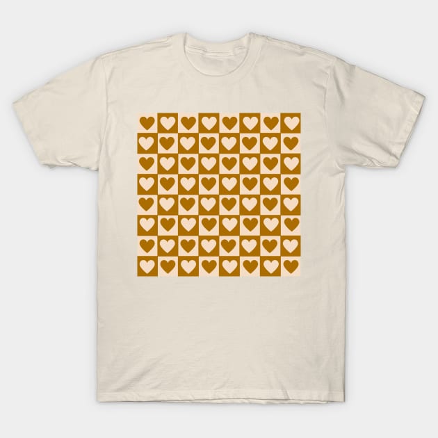 Checkerboard Brown Hearts Full Retro T-Shirt by Owlhana